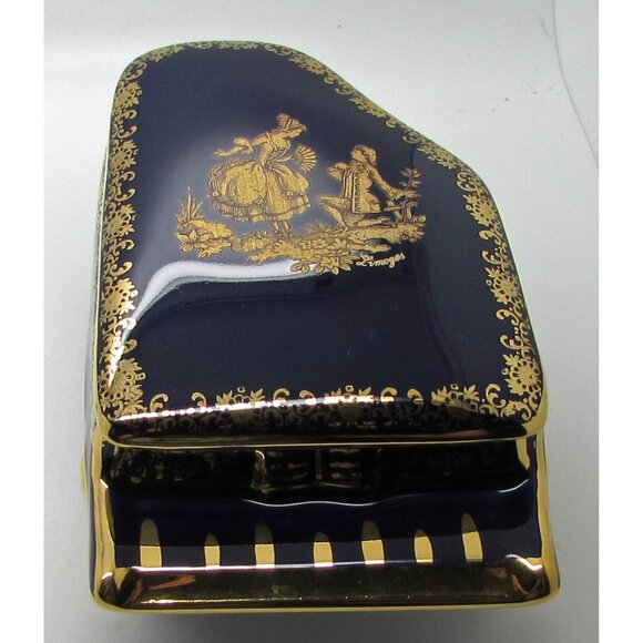 Limoges France Cobalt Blue  Piano Shape Trinket Box Courting Couple Fragonard - Picture 4 of 5